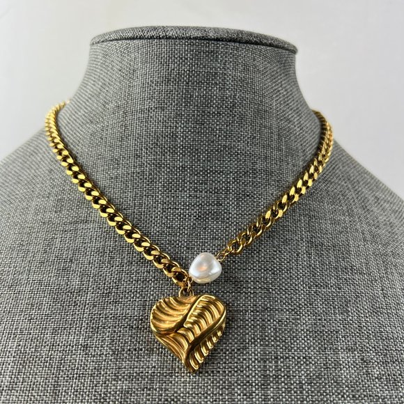 Heart Pearl Chunky Choker Necklace for Women Gold Statement Necklace Thick Chain - Picture 1 of 7